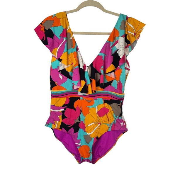 Trina Turk Gemini Floral Ruffle V Neck Tie Back Maillot One-Piece Swimsuit - Picture 3 of 16